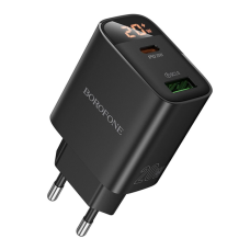 Мережевий зарядний пристрій Borofone BA96A USB + Type-C 20W QC3.0 PD — швидке зарядне для телефону, LED-дисплей, компактний адаптер з підтримкою PD, QC3.0, FCP, AFC,Чорний