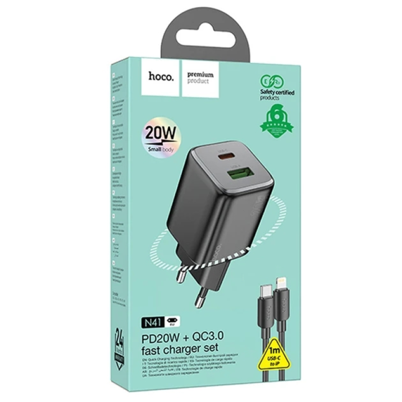 Зарядний пристрій Hoco N41 Almighty PD20W+QC3.0 + Type-C to Lightning Black Зарядний пристрій Hoco N41 Almighty PD20W+QC3.0 + Type-C to Lightning Black